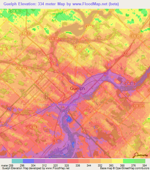 Guelph,Canada Elevation Map