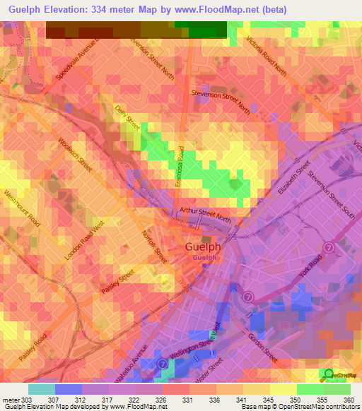 Guelph,Canada Elevation Map