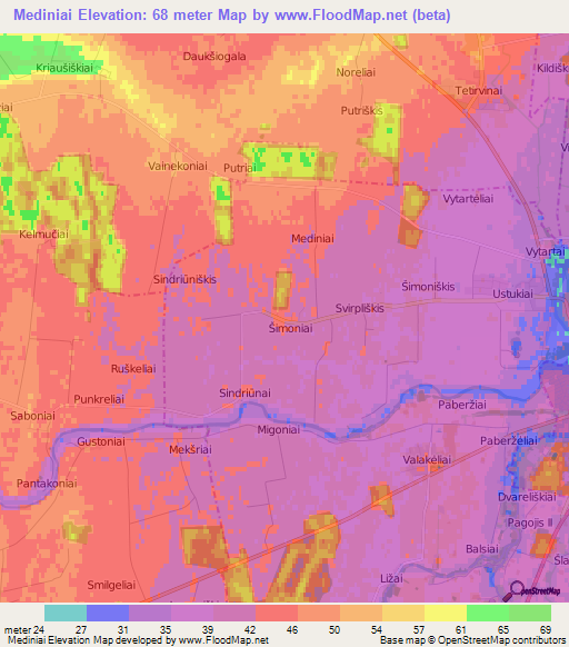 Mediniai,Lithuania Elevation Map