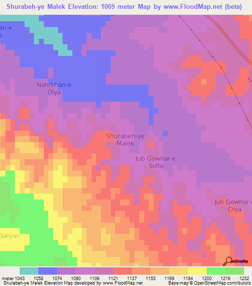 Shurabeh-ye Malek,Iran Elevation Map