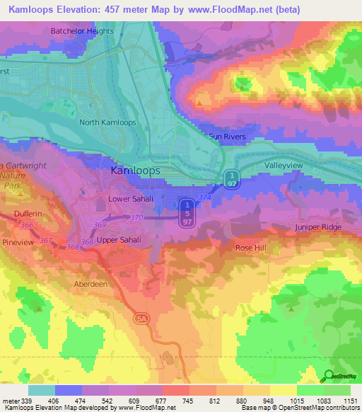 Kamloops,Canada Elevation Map