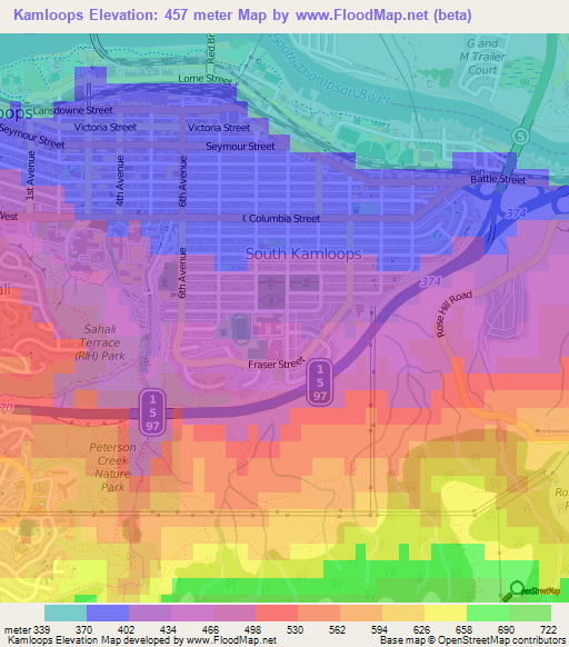 Kamloops,Canada Elevation Map