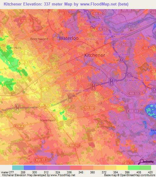 Kitchener,Canada Elevation Map