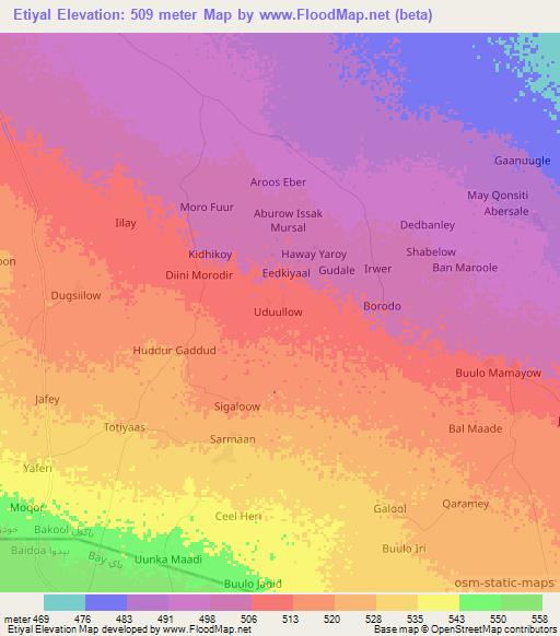 Etiyal,Somalia Elevation Map