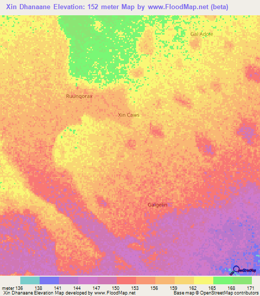 Xin Dhanaane,Somalia Elevation Map