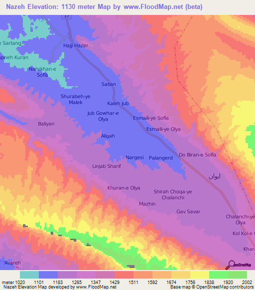 Nazeh,Iran Elevation Map