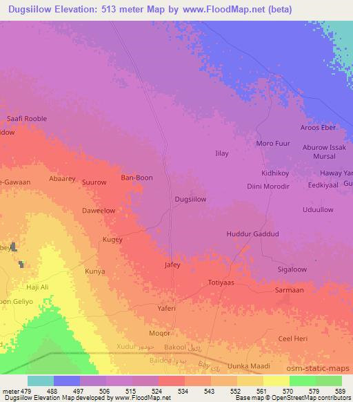 Dugsiilow,Somalia Elevation Map