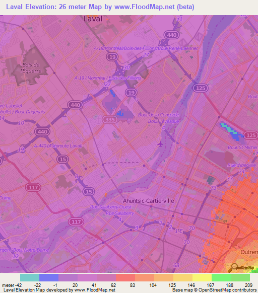 Laval,Canada Elevation Map