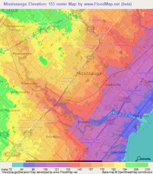 Mississauga,Canada Elevation Map