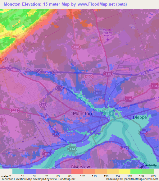 Moncton,Canada Elevation Map