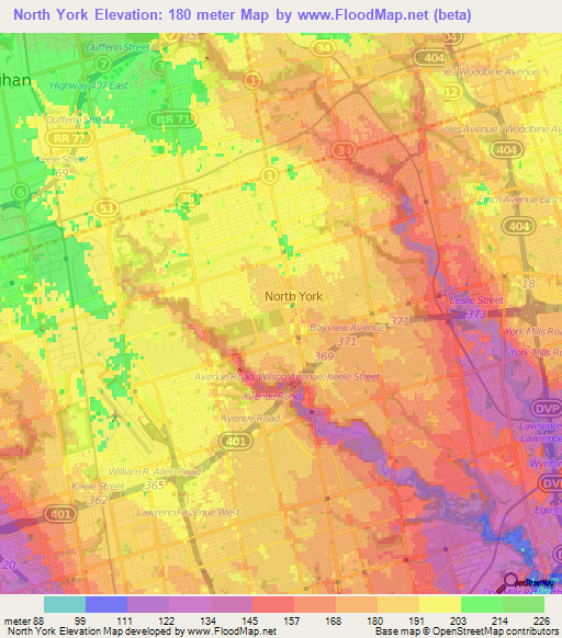 North York,Canada Elevation Map
