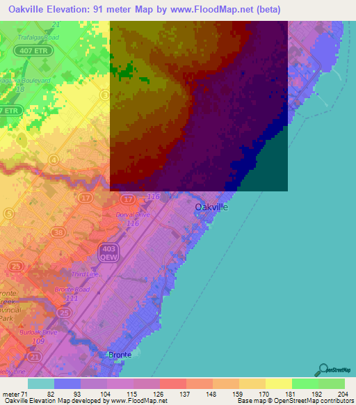 Oakville,Canada Elevation Map