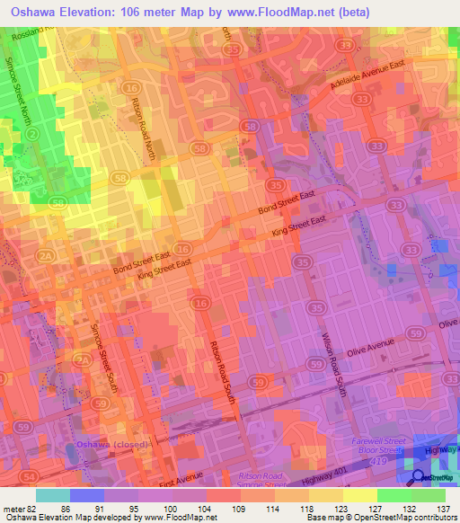 Oshawa,Canada Elevation Map