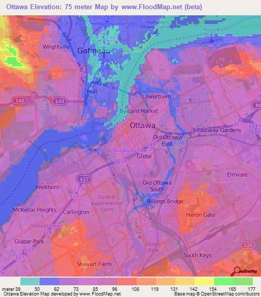 Ottawa,Canada Elevation Map