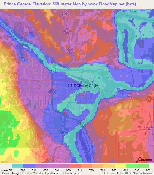 Prince George,Canada Elevation Map