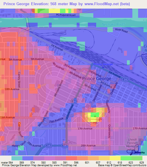 Prince George,Canada Elevation Map