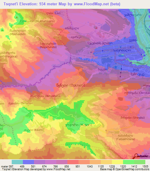 Tsqnet'i,Georgia Elevation Map