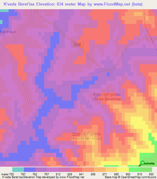 K'veda Beret'isa,Georgia Elevation Map