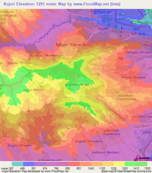 Kojori,Georgia Elevation Map