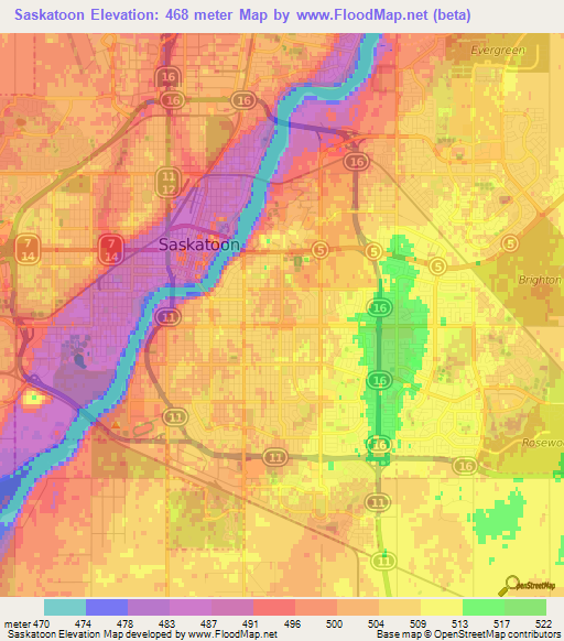 Saskatoon,Canada Elevation Map