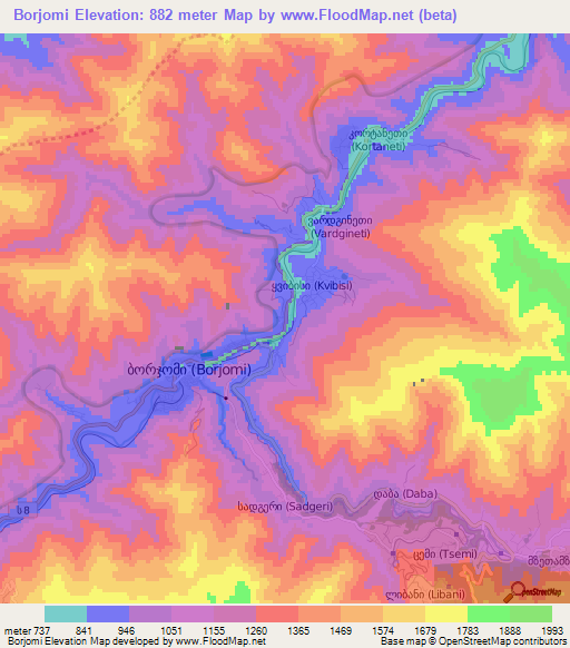Borjomi,Georgia Elevation Map
