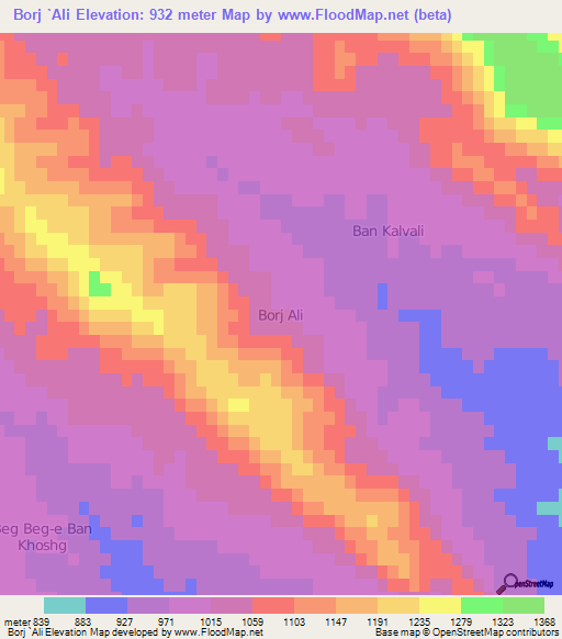 Borj `Ali,Iran Elevation Map