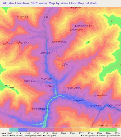 Akusho,Georgia Elevation Map