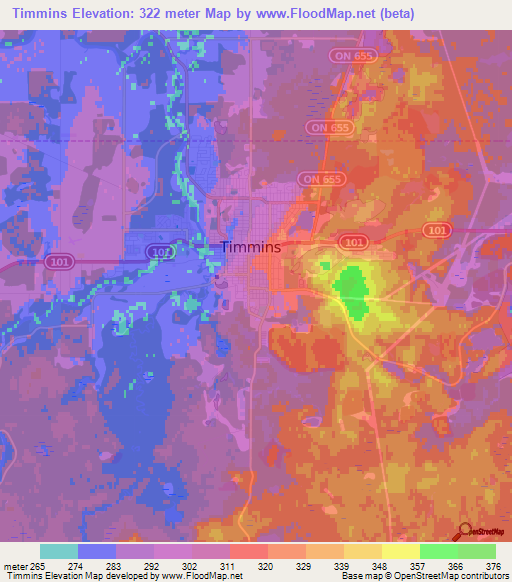 Timmins,Canada Elevation Map