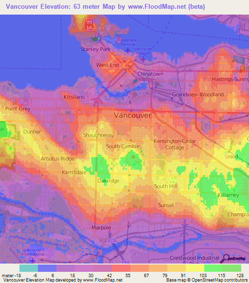Vancouver,Canada Elevation Map