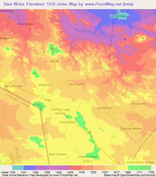 Dara Woha,Somalia Elevation Map