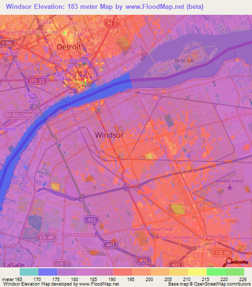 Windsor,Canada Elevation Map