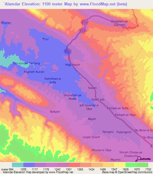 `Alamdar,Iran Elevation Map