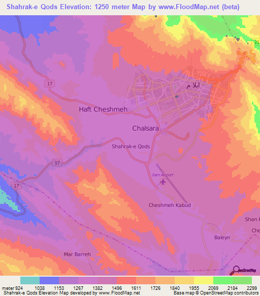 Shahrak-e Qods,Iran Elevation Map
