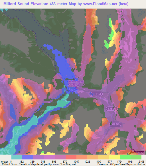 Milford Sound,New Zealand Elevation Map
