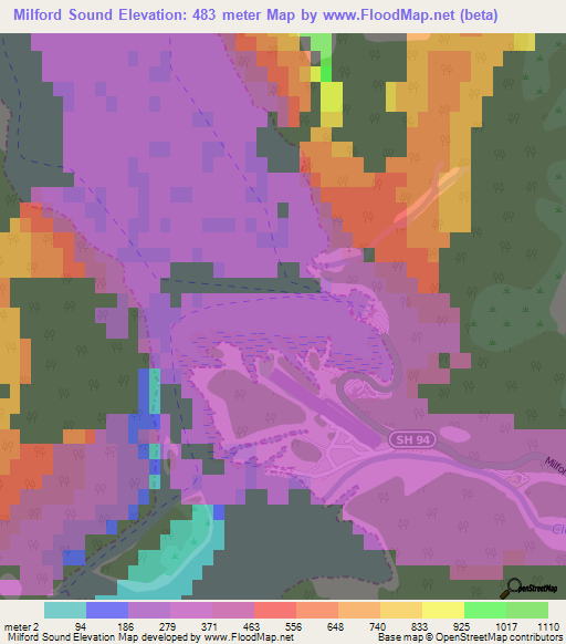 Milford Sound,New Zealand Elevation Map