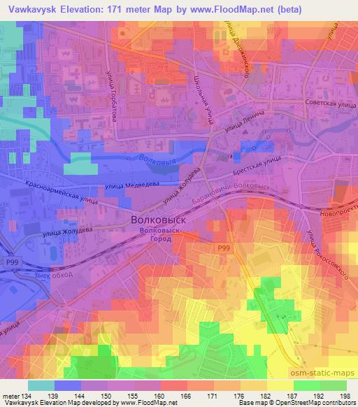 Vawkavysk,Belarus Elevation Map