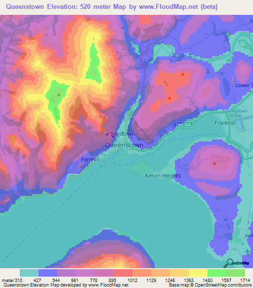Queenstown,New Zealand Elevation Map