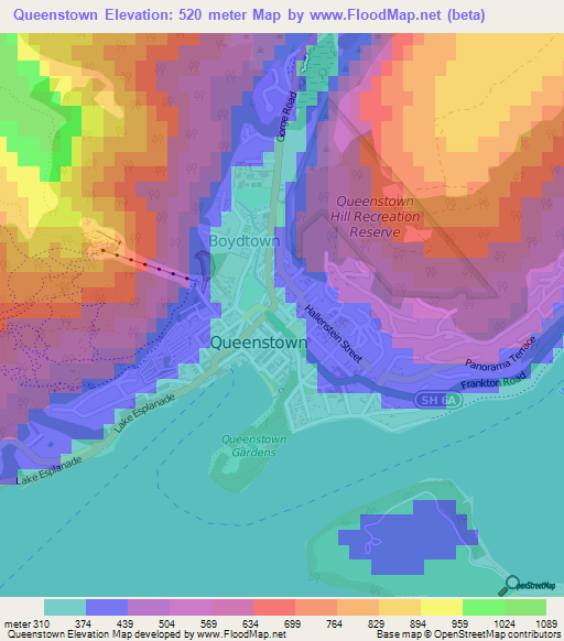 Queenstown,New Zealand Elevation Map