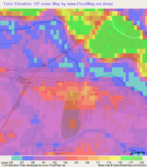 Turin,Belarus Elevation Map