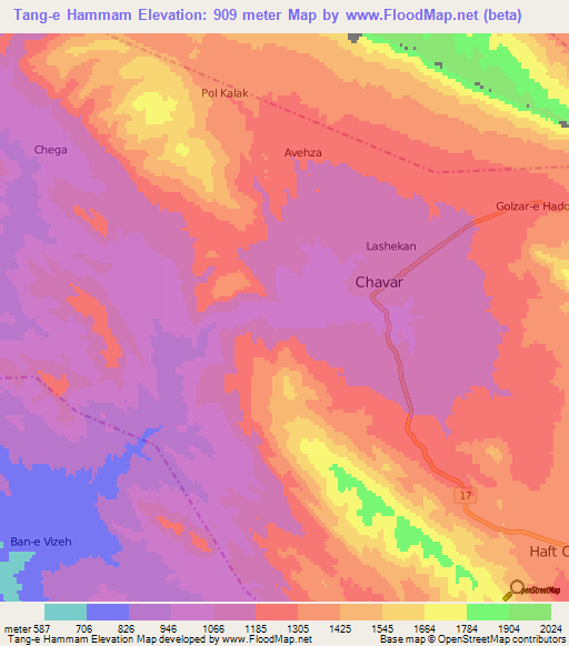 Tang-e Hammam,Iran Elevation Map