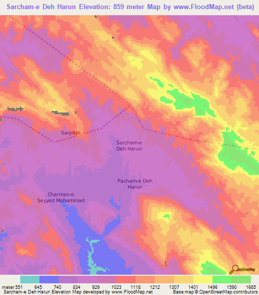 Sarcham-e Deh Harun,Iran Elevation Map