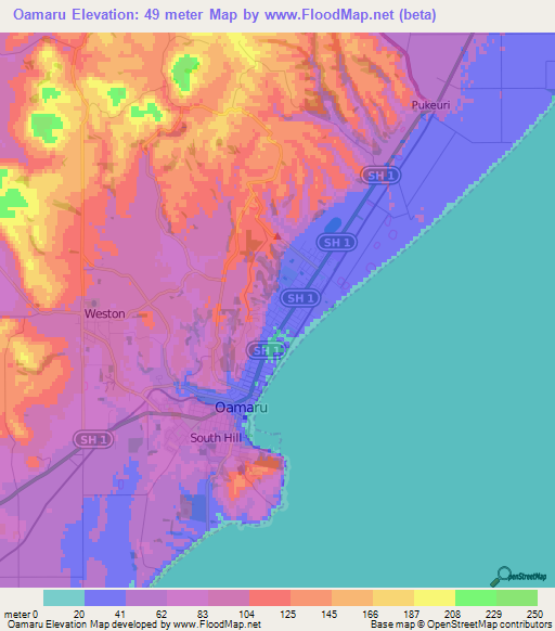 Oamaru,New Zealand Elevation Map
