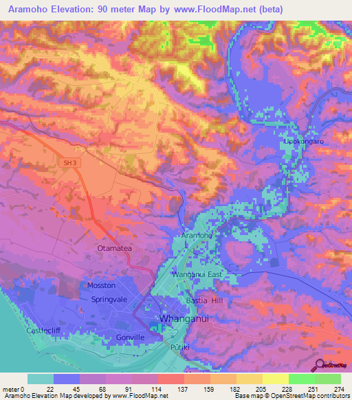 Aramoho,New Zealand Elevation Map