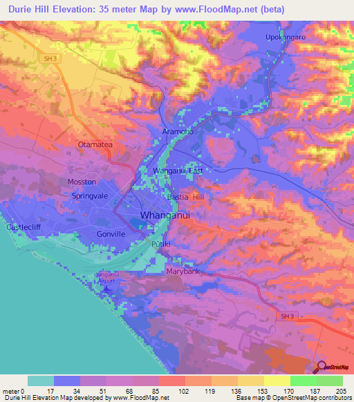 Durie Hill,New Zealand Elevation Map