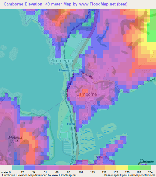 Camborne,New Zealand Elevation Map