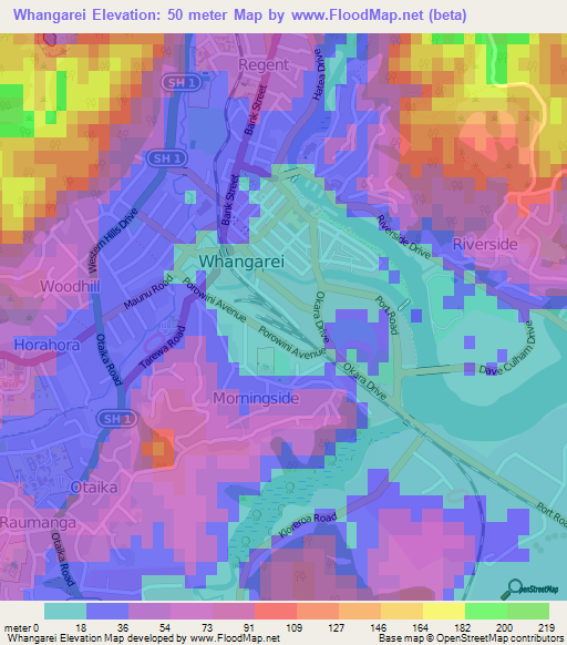 Whangarei,New Zealand Elevation Map
