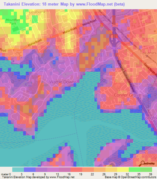 Takanini,New Zealand Elevation Map