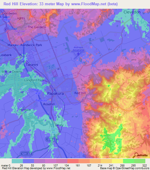 Red Hill,New Zealand Elevation Map