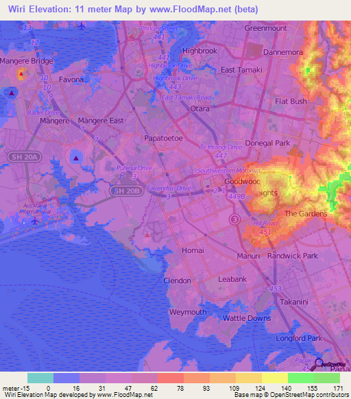 Wiri,New Zealand Elevation Map