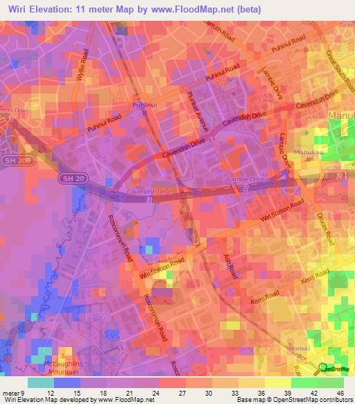 Wiri,New Zealand Elevation Map